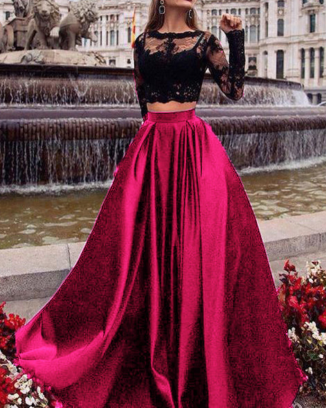 Crop Top Two Pieces Long prom Dress with lace appliques with Long