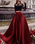 Crop Top Two Pieces Long prom Dress with lace appliques with Long sleeves