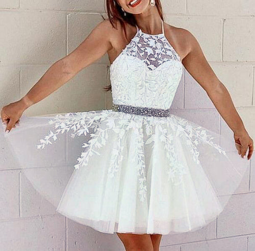 Corset Halter Short Graduation Dress White Lace Cocktail  Party Gown for Junior Girls Beaded Belt  SP05273