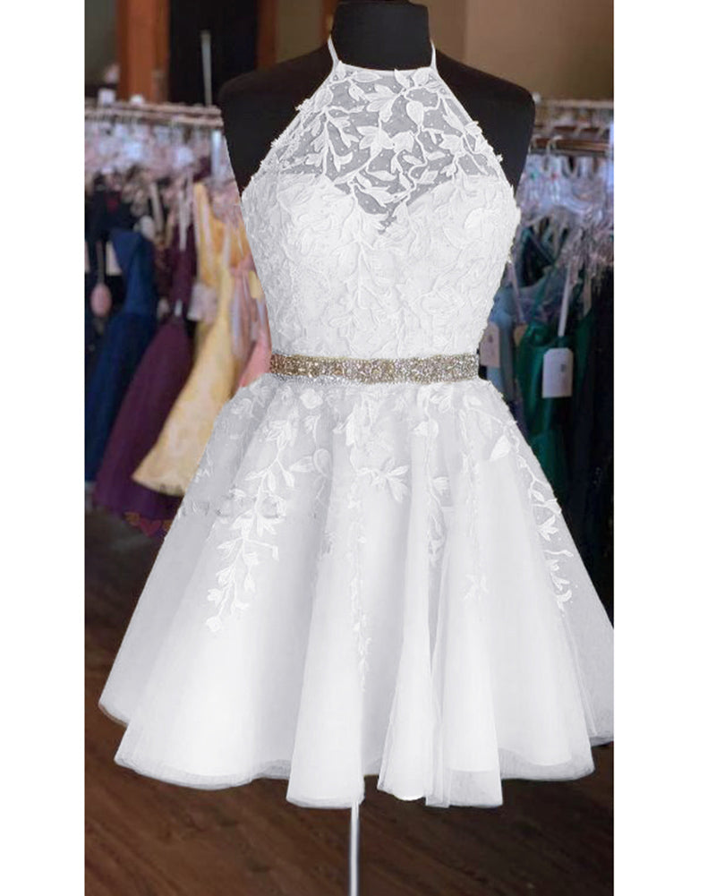 Corset Halter Short Graduation Dress White Lace Cocktail  Party Gown for Junior Girls Beaded Belt  SP05273