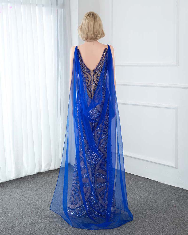 Siaoryne Fabulous Royal Blue Cape Fitted Long Women Evening Gown 2020 with Rhinestone Full Embroidery PL4455