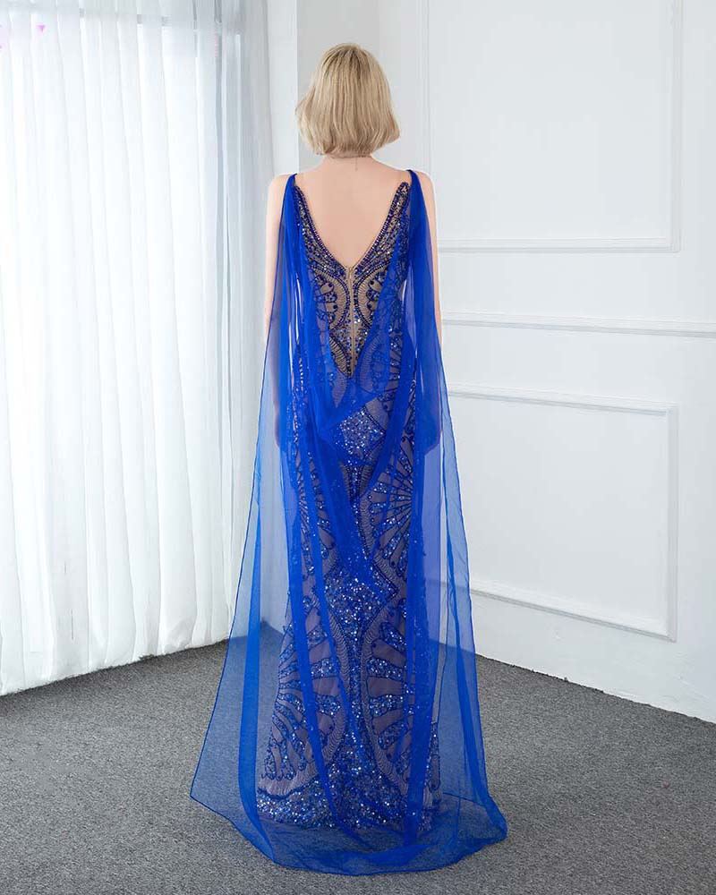 Siaoryne Fabulous Royal Blue Cape Fitted Long Women Evening Gown 2020 with Rhinestone Full Embroidery PL4455
