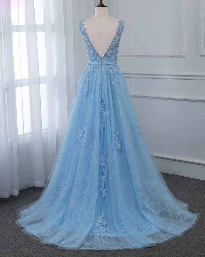 Scoop A Line Light Blue Tulle Lace Long Prom Formal Gown PL6845