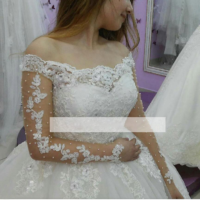 Romance Off the Shoulder Long Sleeves Lace Bridal Dresses vestido de casamento Wedding Gown Ball Gown WD5601