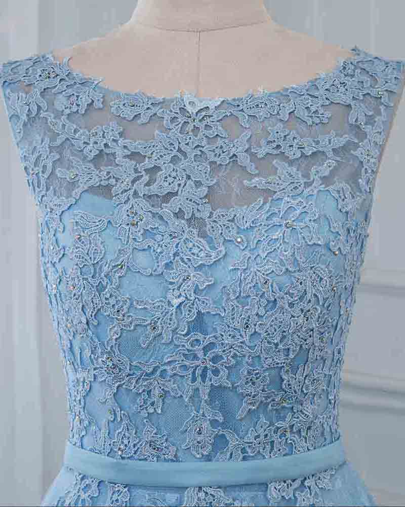 Scoop A Line Light Blue Tulle Lace Long Prom Formal Gown PL6845