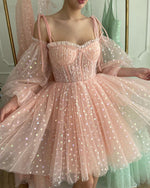 Puff Sleeves Blush Pink Cocktail Party Dresses  Tulle Short Prom Gowns Above Knee Length SP105023