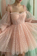Puff Sleeves Blush Pink Cocktail Party Dresses  Tulle Short Prom Gowns Above Knee Length SP105023