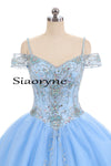 Cold Shoulder Sky Blue Sweet 16 Dresses Girls Quinceanera Gown Ball Gown Prom Dress