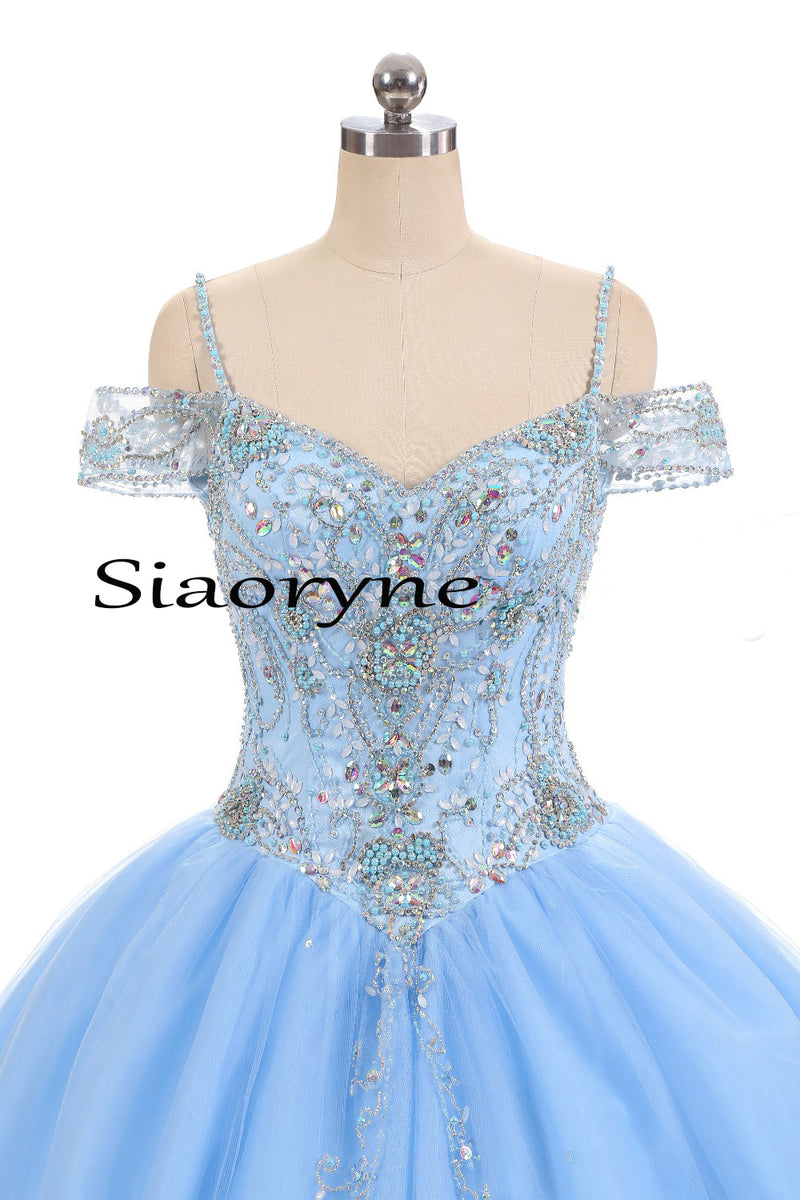 Cold Shoulder Sky Blue Sweet 16 Dresses Girls Quinceanera Gown Ball Gown Prom Dress