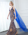 Siaoryne Fabulous Royal Blue Cape Fitted Long Women Evening Gown 2020 with Rhinestone Full Embroidery PL4455