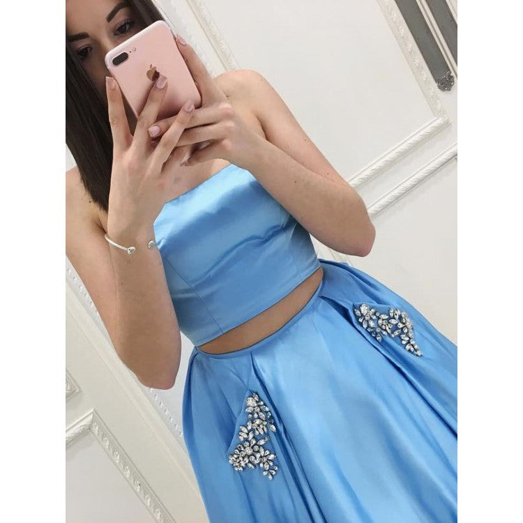 Strapless Prom Dress 2 Pieces Senior Long Graduation Homecoming Dress