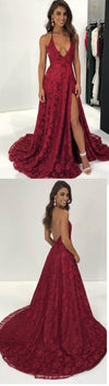 Sexy Halter Lace Dark Red Prom Dresses 2018 Women Formal Wear Custom made  robe de soiree longue