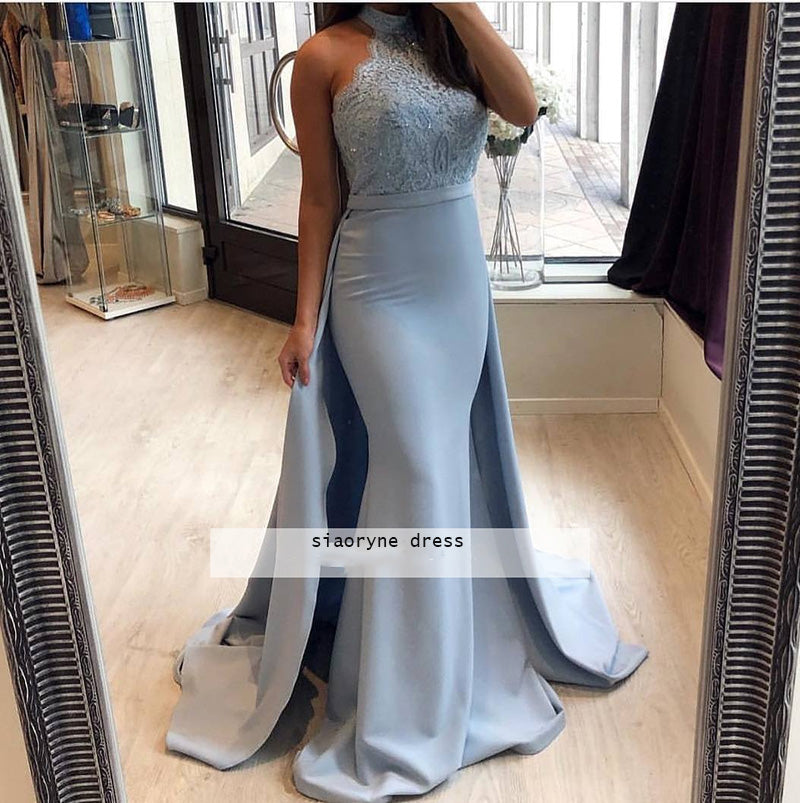 Fashion Baby Blue Fit Prom Dresses with Over skirt Halter High Neck Women Lace Formal Evening Dresses Long