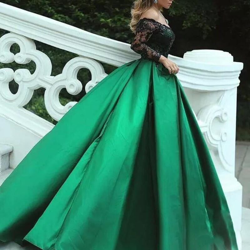 Stunning Burgundy Women Formal Evening Gown Off the Shoulder Long Sleeves satin A Line Lace Prom Dresses