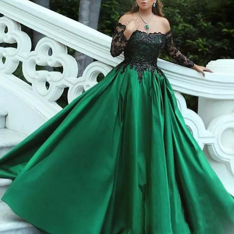 Stunning Burgundy Women Formal Evening Gown Off the Shoulder Long Sleeves satin A Line Lace Prom Dresses