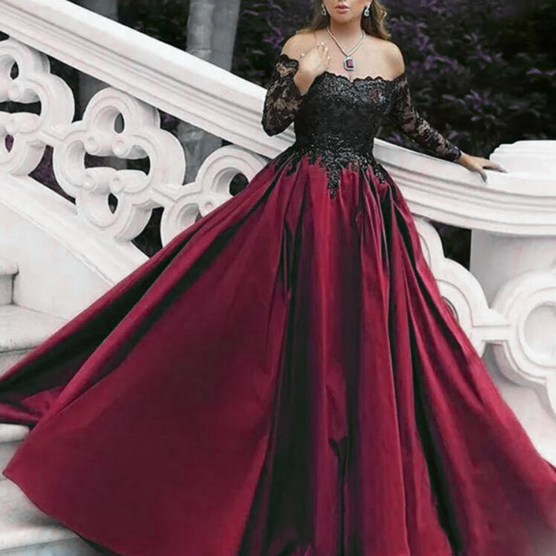 Stunning Burgundy Women Formal Evening Gown Off the Shoulder Long Slee – Siaoryne