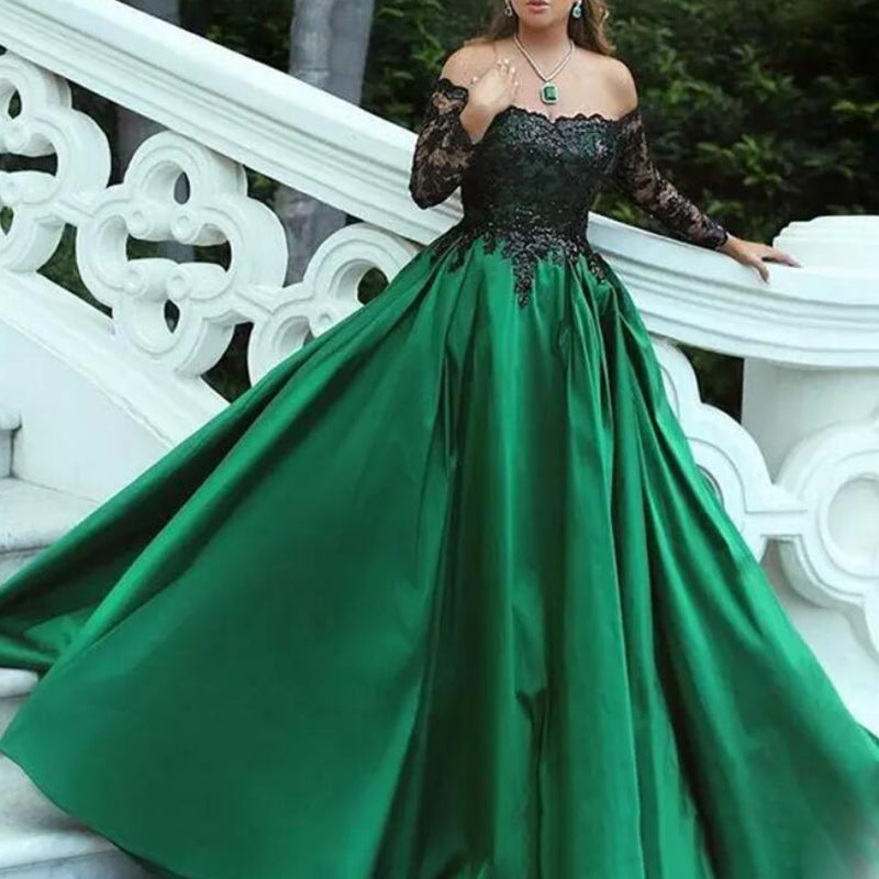 Stunning Burgundy Women Formal Evening Gown Off the Shoulder Long Sleeves satin A Line Lace Prom Dresses