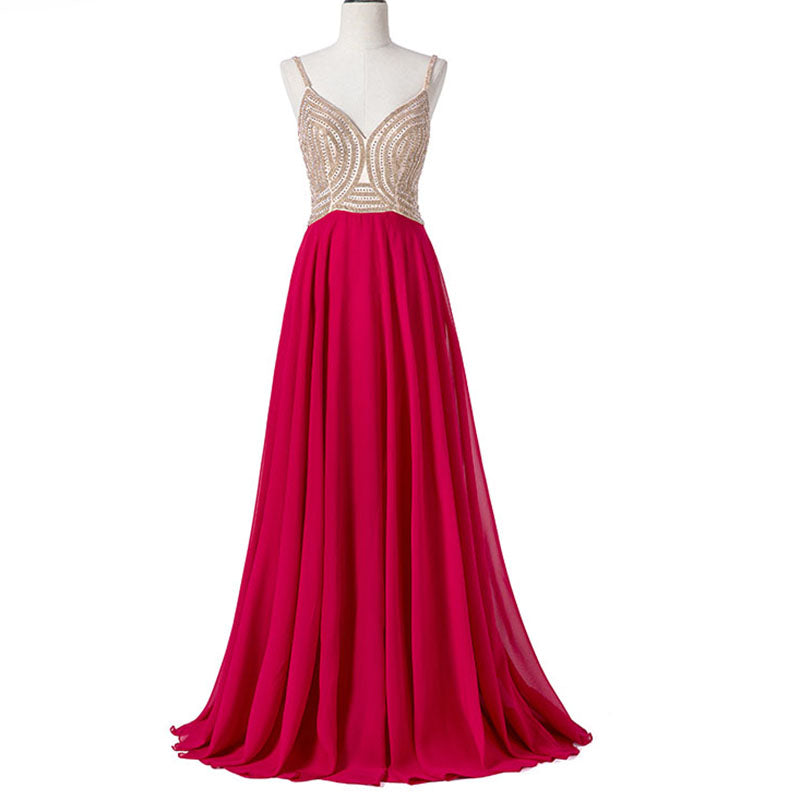 Red Long Beaded Prom Dresses with Straps A Line Chiffon Women Formal Evening Dresses 2018