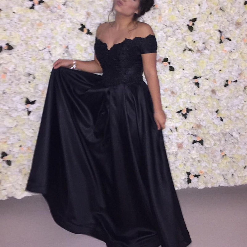 Elegant Black Lace Prom Dress Off the Shoulder A Line Women Evening Long Dresses vestido de formatura