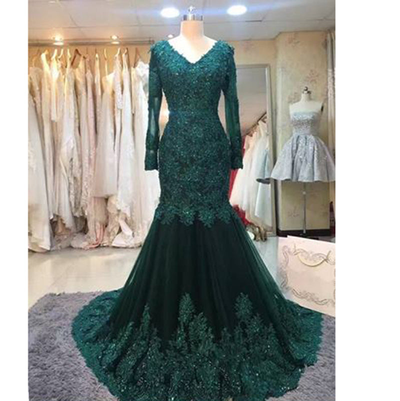 Dark Green Lace Embellishment Mermaid Evening Gown Mother of the Bride Dresses Women Formal Dress 2020