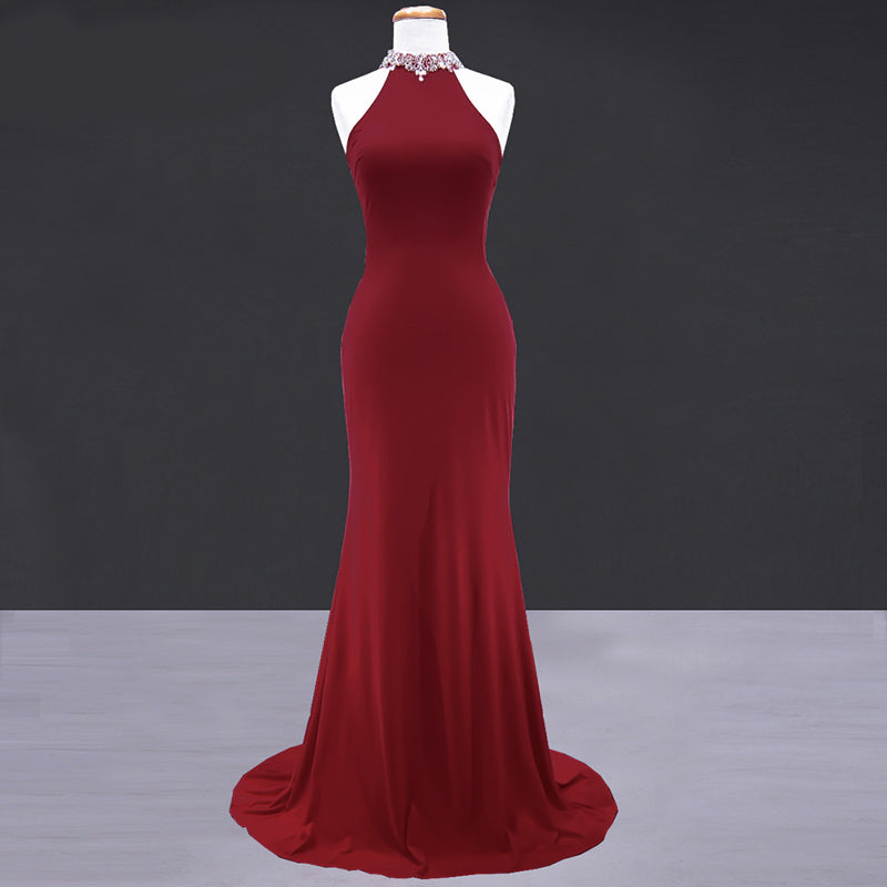 New High Neck Halter Fitted mermaid Formal Gown Red Prom 2018 Dresses Long Women Wear For Evening Party