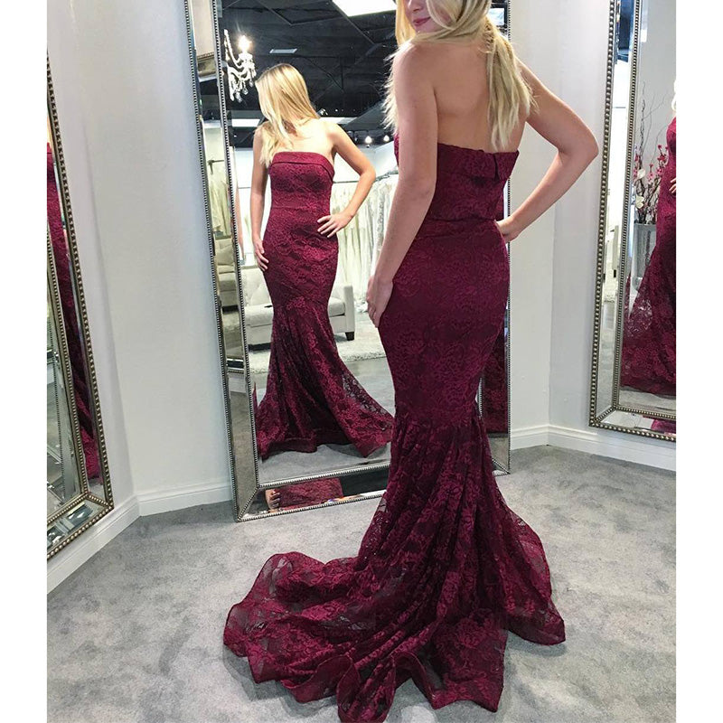 Gorgeous Burgundy Lace Prom Dresses Strapless Mermaid formal outfits Evening Long Gown