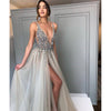 Trendy A Line Women Sequin Prom Dress Sexy Plunge V Neck Formal Gown Slit Evening Dresses LP7701