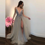 Trendy A Line Women Sequin Prom Dress Sexy Plunge V Neck Formal Gown Slit Evening Dresses LP7701
