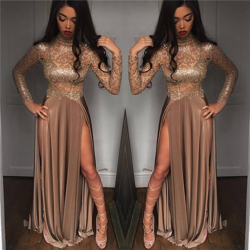 Bling Bling Golden  Sequins Prom Dresses Long Sleeves Formal Evening Dress with Sexy Slits 2020