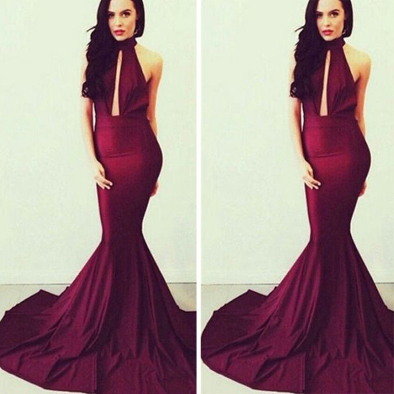 Sexy Halter Prom Dress Burgundy Women Deep V Neck Evening Long Dresses vestido de noche