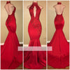 Red Mermaid Halter African Women Evening Gown Sexy Backless Prom Dress Lace abiti lunghi da sera 2018