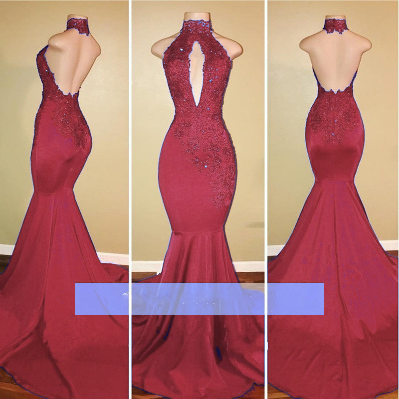 Red Mermaid Halter African Women Evening Gown Sexy Backless Prom Dress Lace abiti lunghi da sera 2018