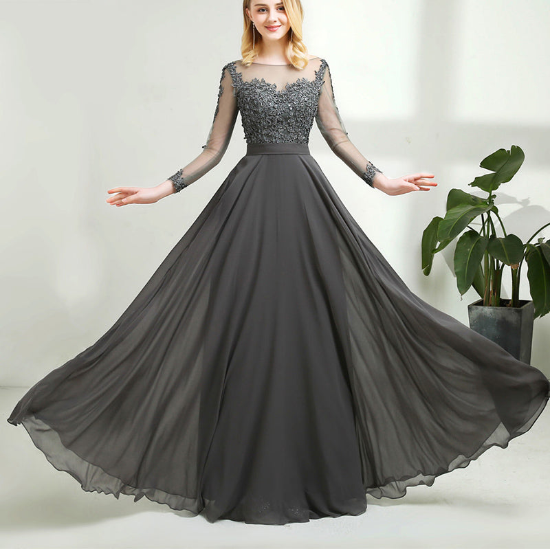 Elegant Long Sleeves Vintage Lace Chiffon Long Grey Mother of the Bride Dress 2020 with Long Sleeves