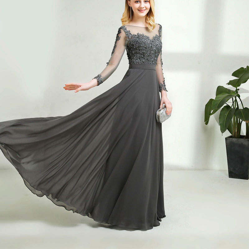 Elegant Long Sleeves Vintage Lace Chiffon Long Grey Mother of the Bride Dress 2020 with Long Sleeves