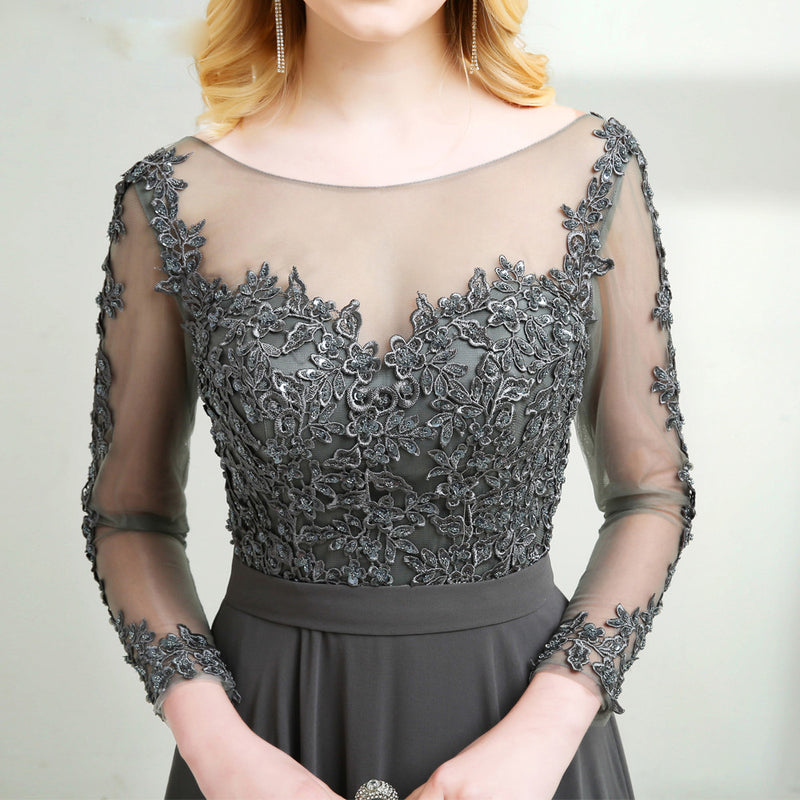 Elegant Long Sleeves Vintage Lace Chiffon Long Grey Mother of the Bride Dress 2020 with Long Sleeves