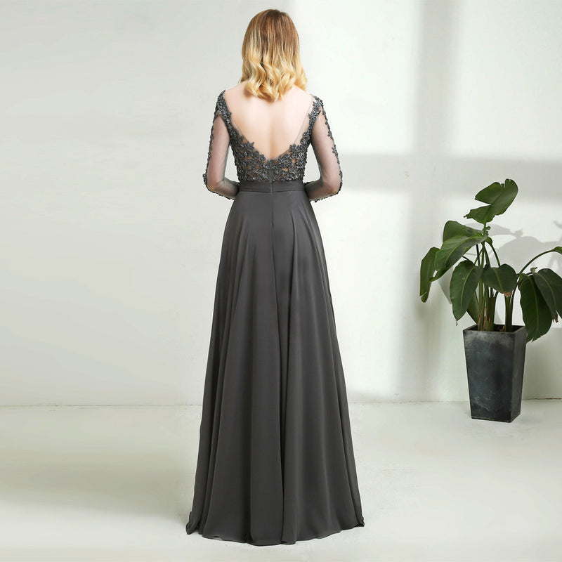 Elegant Long Sleeves Vintage Lace Chiffon Long Grey Mother of the Bride Dress 2020 with Long Sleeves