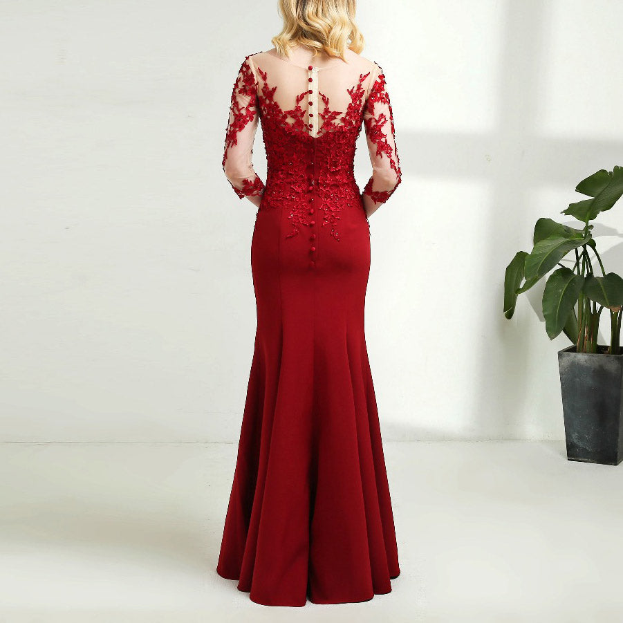 Elegant red Long Sleeves Mermaid Mother of the Bride Dress Lace Women Evening Gown