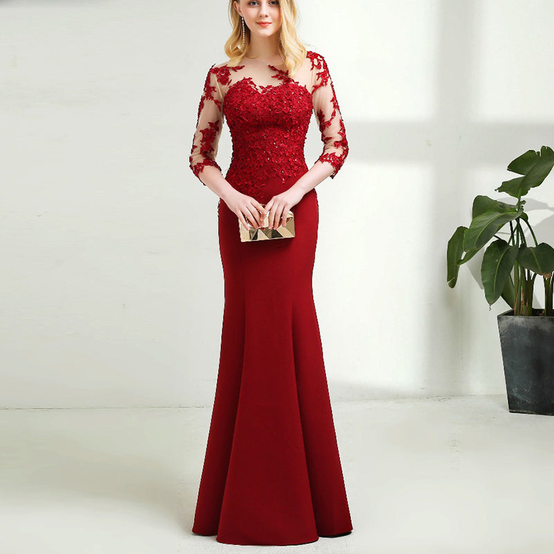 Elegant red Long Sleeves Mermaid Mother of the Bride Dress Lace Women Evening Gown