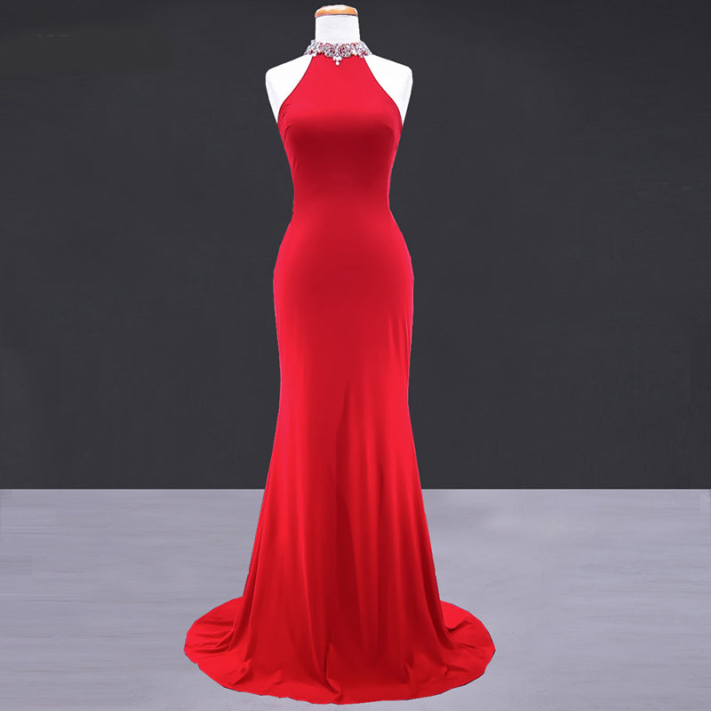 New High Neck Halter Fitted mermaid Formal Gown Red Prom 2018 Dresses Long Women Wear For Evening Party