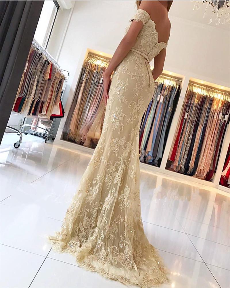 Champagne Lace Prom Dresses Long Evening Formal Gown  Off Shoulder Vestido De Festa
