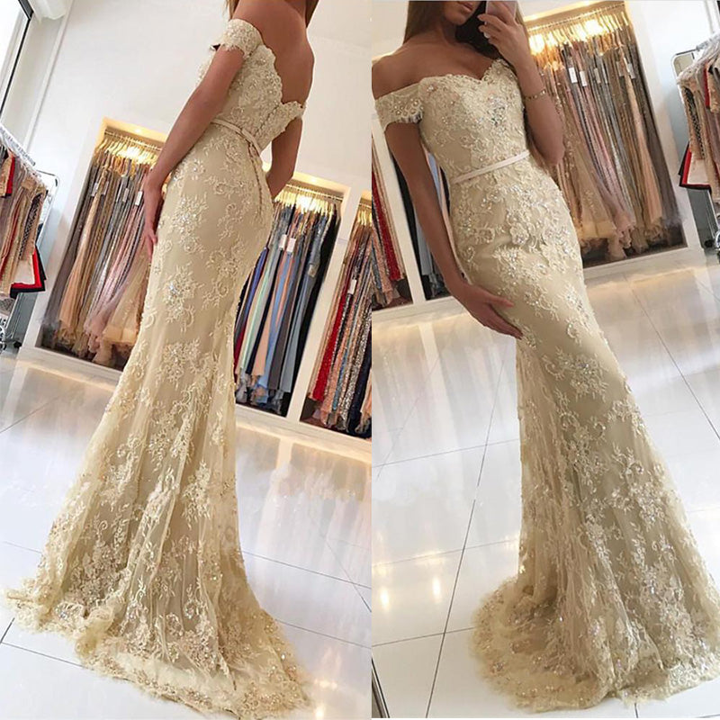 Champagne Lace Prom Dresses Long Evening Formal Gown  Off Shoulder Vestido De Festa