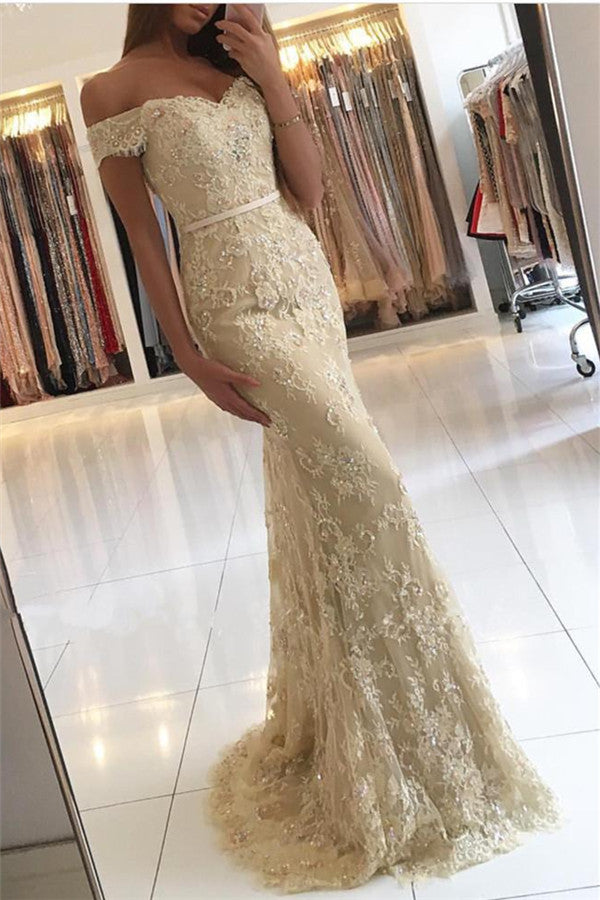 Champagne Lace Prom Dresses Long Evening Formal Gown  Off Shoulder Vestido De Festa