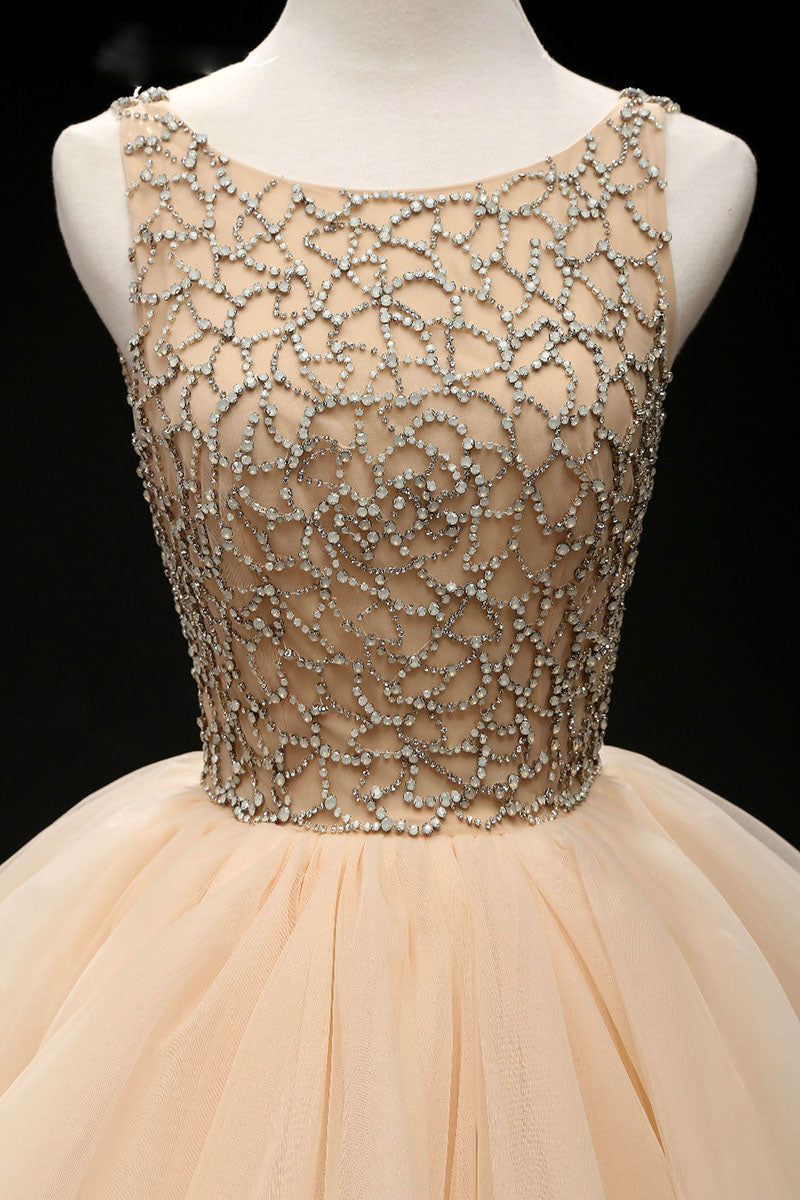 Champagne Crystal Puffy Ball gowns Beaded Prom Dresses Quinceanera Dress Debutante Gown