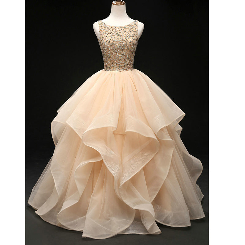 Champagne Crystal Puffy Ball gowns Beaded Prom Dresses Quinceanera Dress Debutante Gown