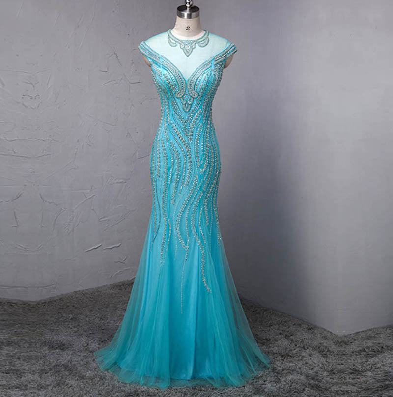 Luxury Heavy Beaded Turquoise Mermaid Prom Dresses Women Evening Long Dresses Jewel Neck