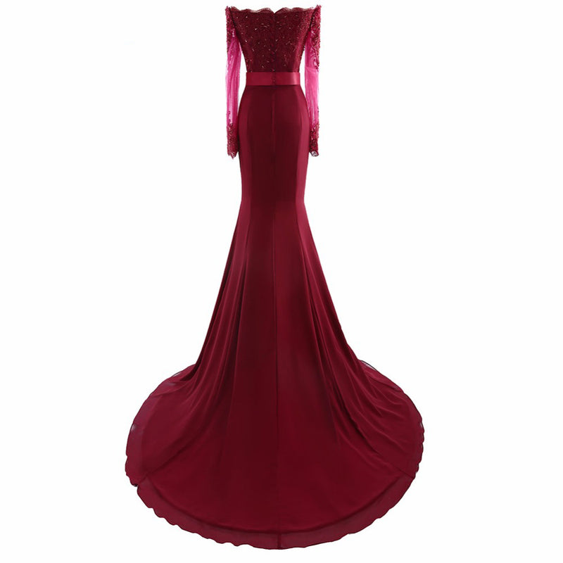Burgundy Long Sleeves Bridesmaid Dress Lace Embellishment Women Formal Evening party Gown LP6621