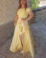 Elegant Off the Shoulder Lace Yellow Long Prom Dress 2020 PL0801
