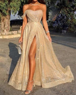 Elegant High Slit Off the Shoulder Sparkly Gold Sequins Prom Evening Party Dresses Long LP1223