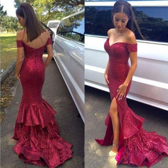 Siaoryne Off the Shoulder Formal Women Gowns Burgundy Sequins Prom Dress Mermaid