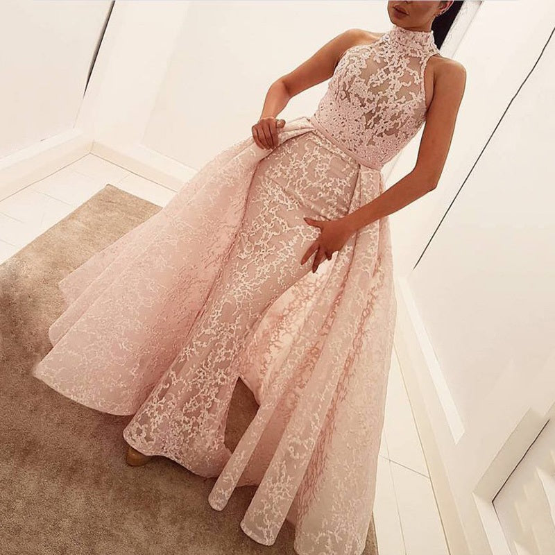 Halter Lace Detachable Pink Long Prom Dresses 2020 Party Gown vestido de baile